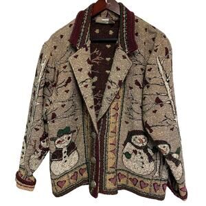 Painted Pony Vintage Women's Snowman Cardinal Snow Scene Cotton Tapestry Coat OS